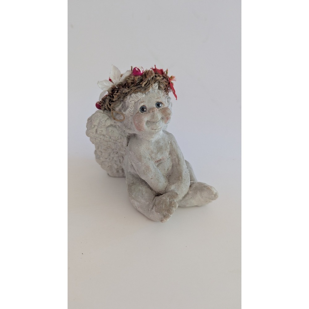 Vintage Style Rustic Cherub Angel Figurine Floral Crown Red Ribbon‎ Grey 3.5"